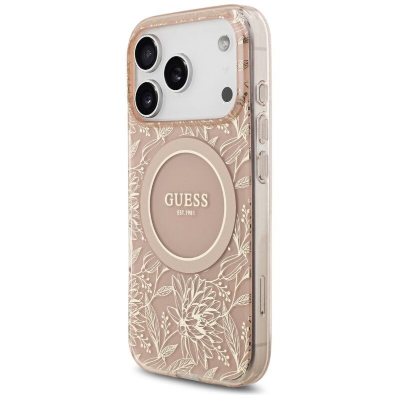 Husa iPhone 17 Pro originala Guess IML Flowers Allover Electroplated with Pearl Strap MagSafe, roz, GUHMP17LHCPOFPP