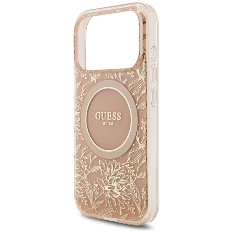 Husa iPhone 17 Pro originala Guess IML Flowers Allover Electroplated with Pearl Strap MagSafe, roz, GUHMP17LHCPOFPP