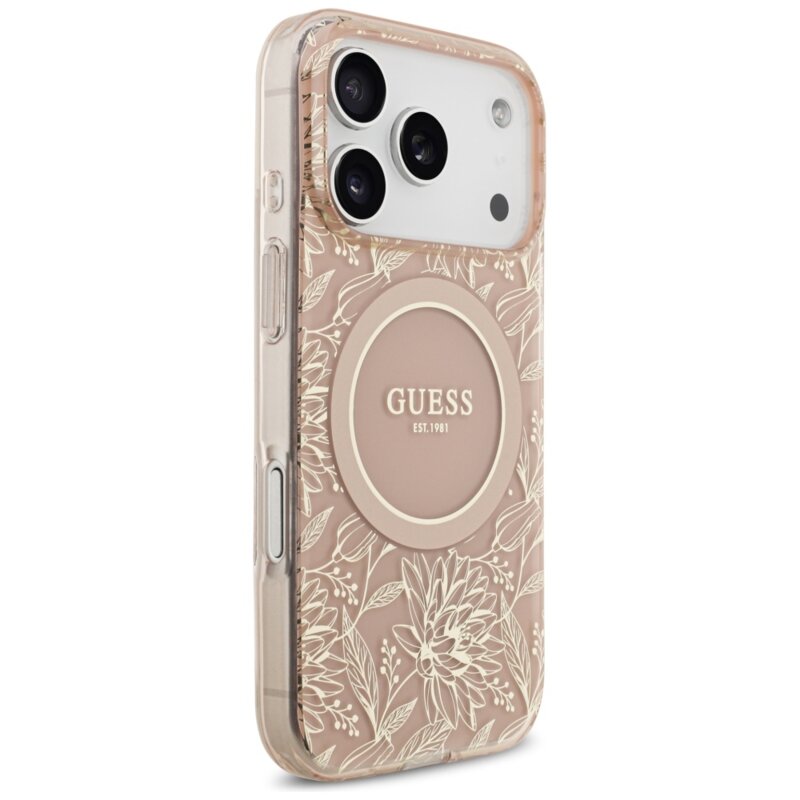Husa iPhone 17 Pro originala Guess IML Flowers Allover Electroplated with Pearl Strap MagSafe, roz, GUHMP17LHCPOFPP