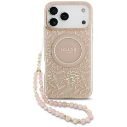 Husa iPhone 17 Pro Max originala Guess IML Flowers Allover Electroplated with Pearl Strap MagSafe, roz, GUHMP17XHCPOFPP