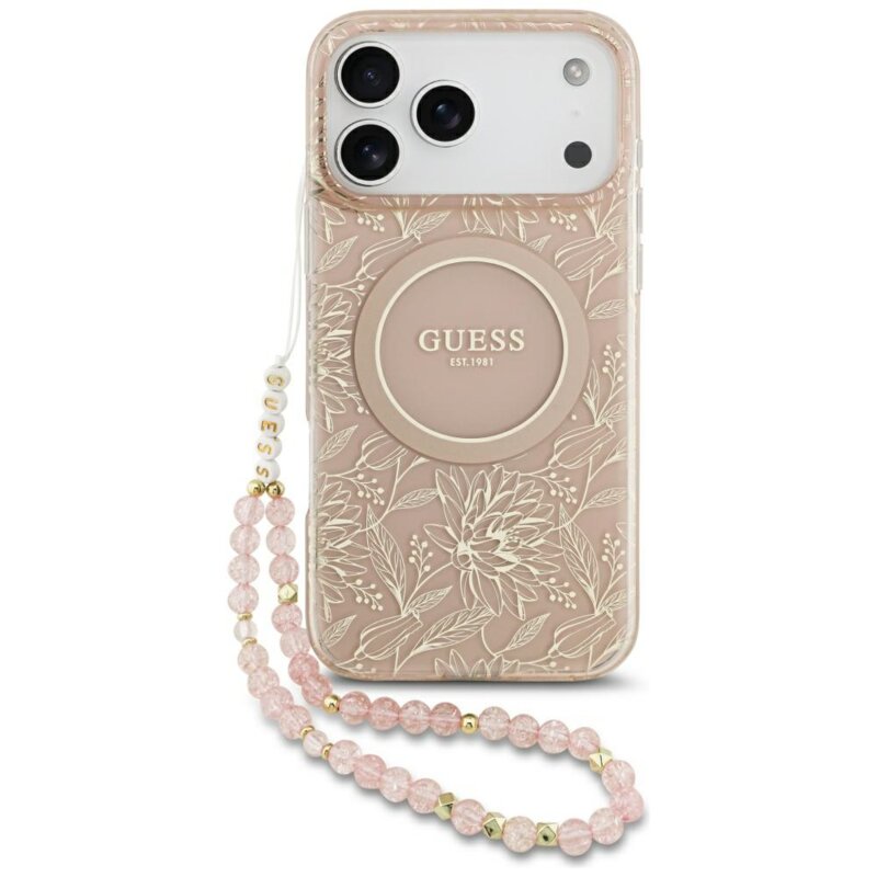 Husa iPhone 17 Pro Max originala Guess IML Flowers Allover Electroplated with Pearl Strap MagSafe, roz, GUHMP17XHCPOFPP