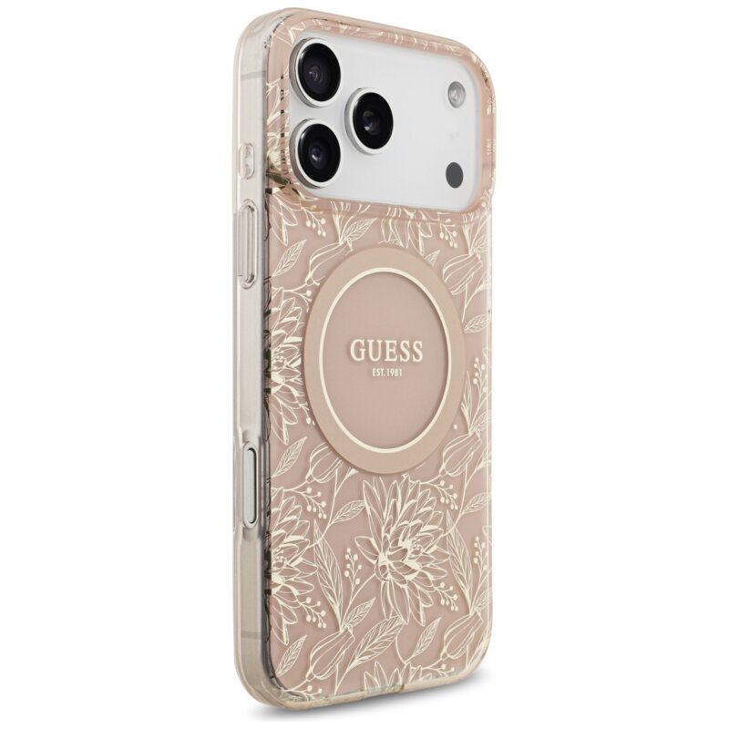 Husa iPhone 17 Pro Max originala Guess IML Flowers Allover Electroplated with Pearl Strap MagSafe, roz, GUHMP17XHCPOFPP
