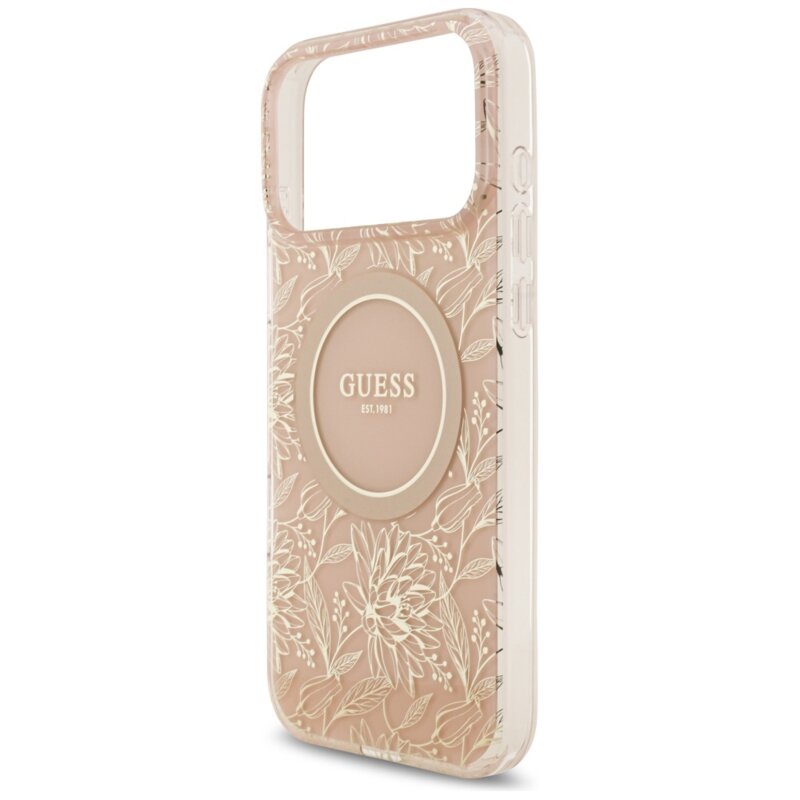 Husa iPhone 17 Pro Max originala Guess IML Flowers Allover Electroplated with Pearl Strap MagSafe, roz, GUHMP17XHCPOFPP