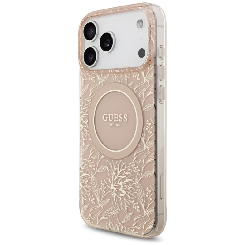 Husa iPhone 17 Pro Max originala Guess IML Flowers Allover Electroplated with Pearl Strap MagSafe, roz, GUHMP17XHCPOFPP