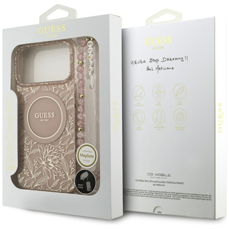 Husa iPhone 17 Pro Max originala Guess IML Flowers Allover Electroplated with Pearl Strap MagSafe, roz, GUHMP17XHCPOFPP