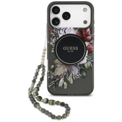 Husa iPhone 17 Pro Max originala Guess IML Flowers with Pearl Strap MagSafe, negru, GUHMP17XHFWBRCESK
