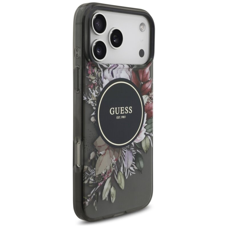 Husa iPhone 17 Pro Max originala Guess IML Flowers with Pearl Strap MagSafe, negru, GUHMP17XHFWBRCESK