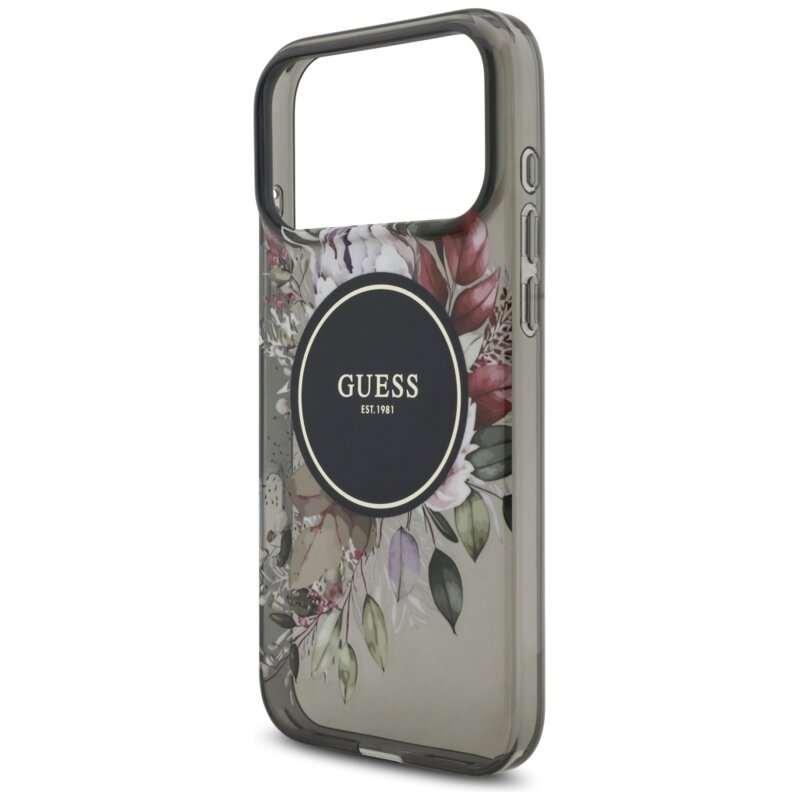 Husa iPhone 17 Pro Max originala Guess IML Flowers with Pearl Strap MagSafe, negru, GUHMP17XHFWBRCESK