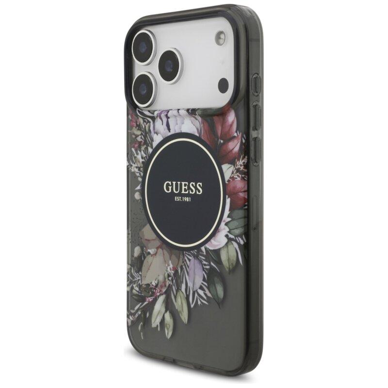 Husa iPhone 17 Pro Max originala Guess IML Flowers with Pearl Strap MagSafe, negru, GUHMP17XHFWBRCESK