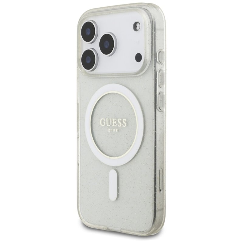 Husa iPhone 17 Pro originala Guess IML Glitter with Pearl Strap MagSafe, transparenta, GUHMP17LHGCRELST