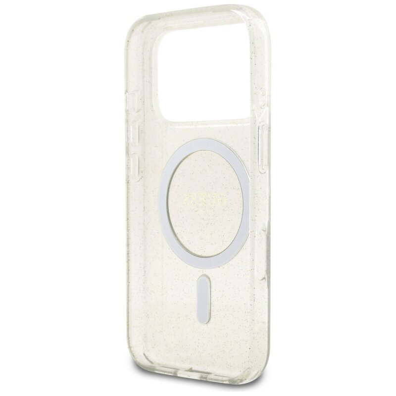 Husa iPhone 17 Pro originala Guess IML Glitter with Pearl Strap MagSafe, transparenta, GUHMP17LHGCRELST