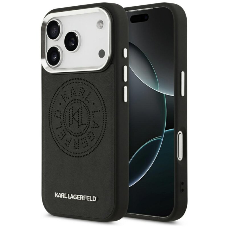 Husa iPhone 17 Pro Karl Lagerfeld Leather With Point & Metal Logo MagSafe, negru, KLHMP17LPSKRPMK