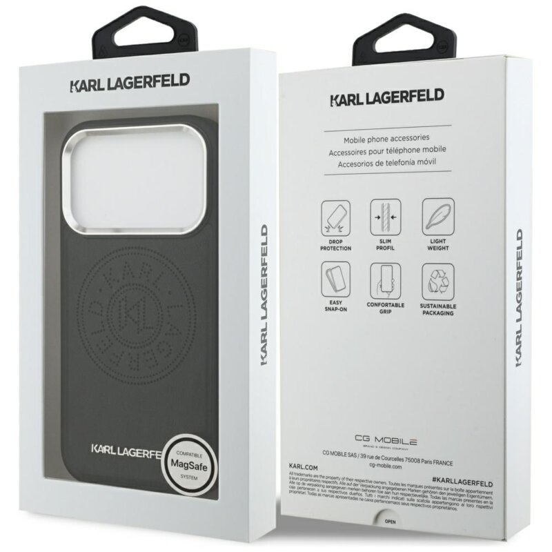 Husa iPhone 17 Pro Karl Lagerfeld Leather With Point & Metal Logo MagSafe, negru, KLHMP17LPSKRPMK