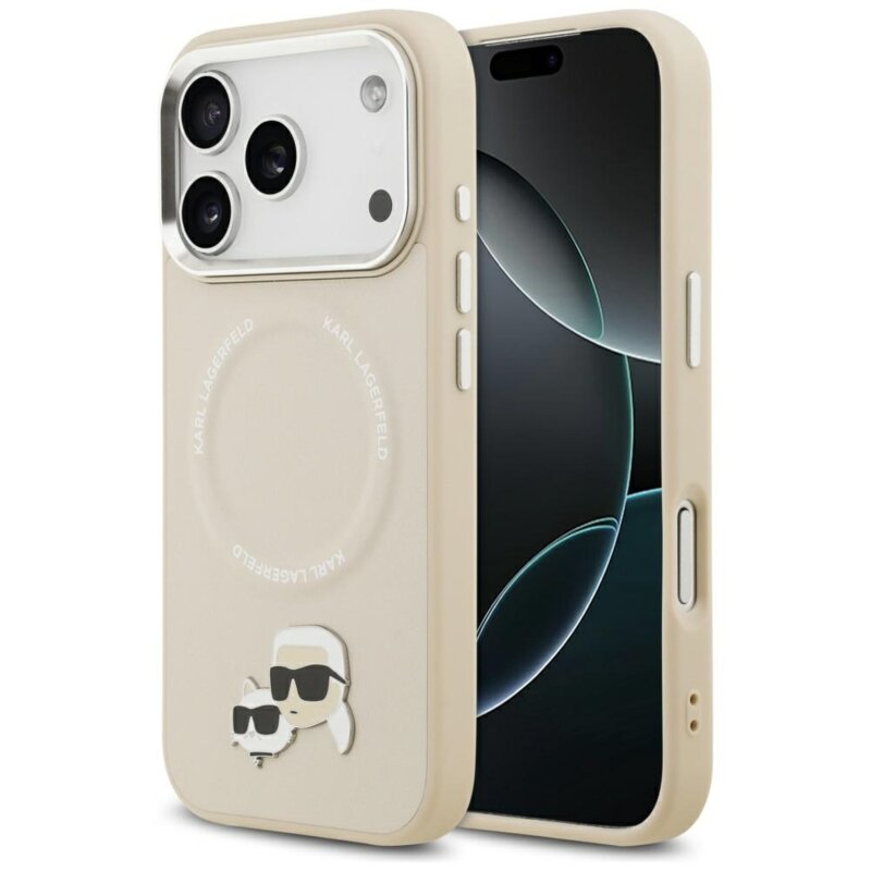 Husa iPhone 17 Pro Max Karl Lagerfeld Leather K&C Pins MagSafe, bej, KLHMP17XPSMLRKCE
