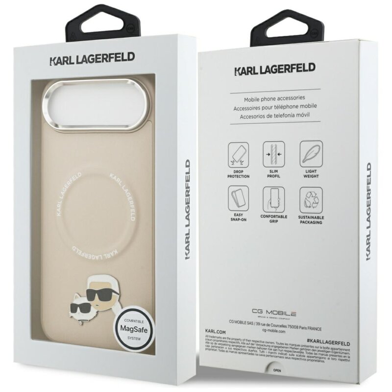 Husa iPhone 17 Air Karl Lagerfeld Leather K&C Pins MagSafe, bej, KLHMP17MPSMLRKCE