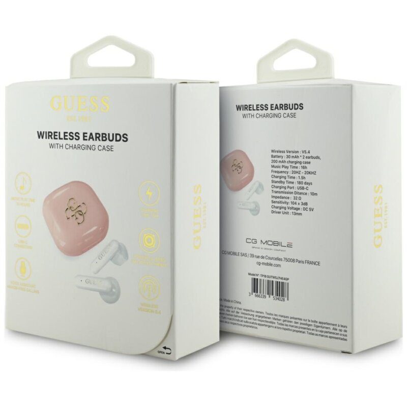 Casti Guess wireless Bluetooth, Type-C, roz, GUTWSJ7HE4GP