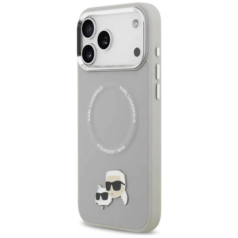 Husa iPhone 17 Pro Karl Lagerfeld Leather K&C Pins MagSafe, gri, KLHMP17LPSMLRKCG