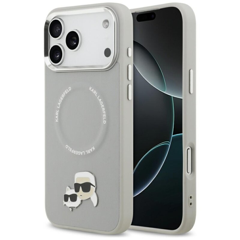 Husa iPhone 17 Pro Max Karl Lagerfeld Leather K&C Pins MagSafe, gri, KLHMP17XPSMLRKCG