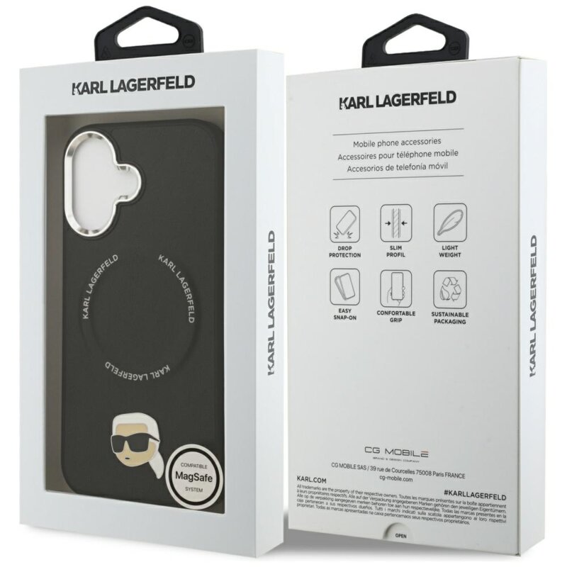 Husa iPhone 17 Karl Lagerfeld Leather Karl Pin MagSafe, negru, KLHMP17SPSMLRKLK
