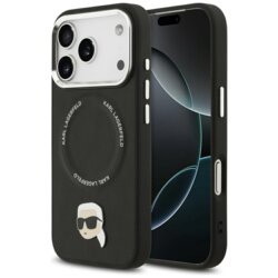 Husa iPhone 17 Pro Karl Lagerfeld Leather Karl Pin MagSafe, negru, KLHMP17LPSMLRKLK