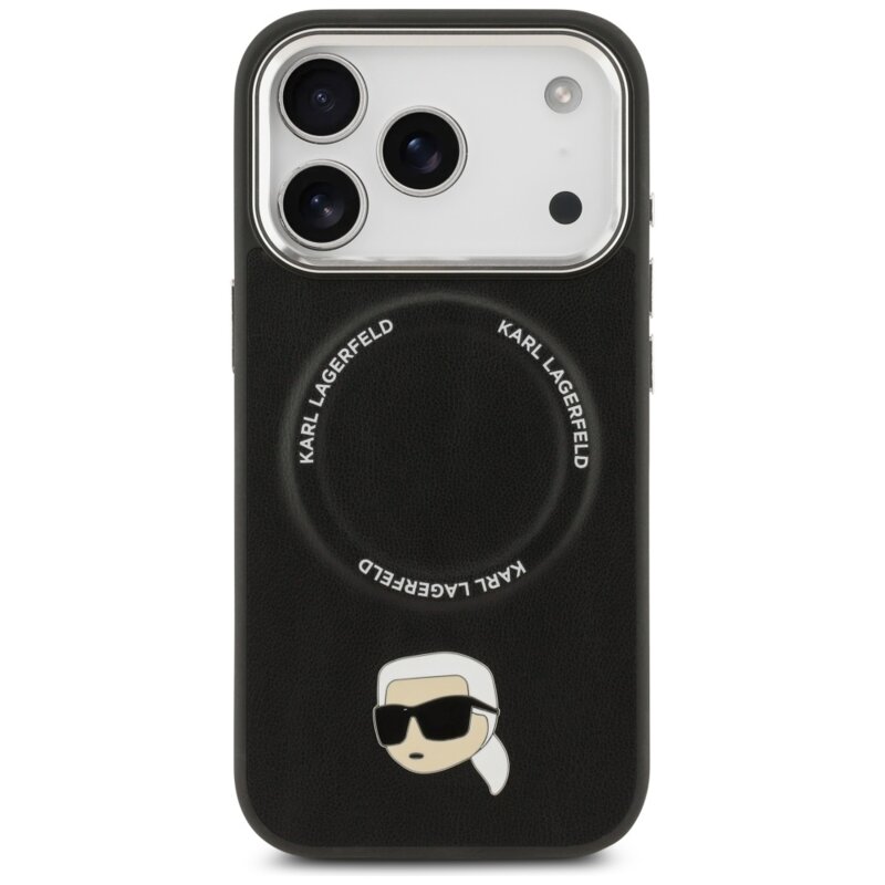 Husa iPhone 17 Pro Karl Lagerfeld Leather Karl Pin MagSafe, negru, KLHMP17LPSMLRKLK