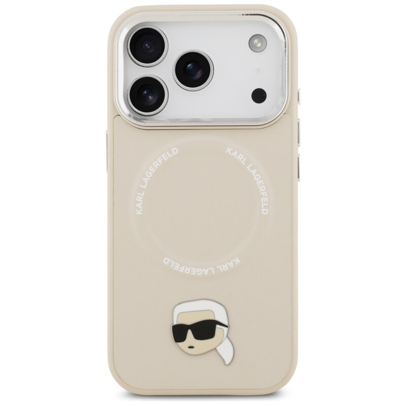 Husa iPhone 17 Pro Karl Lagerfeld Leather Karl Pin MagSafe, bej, KLHMP17LPSMLRKLE
