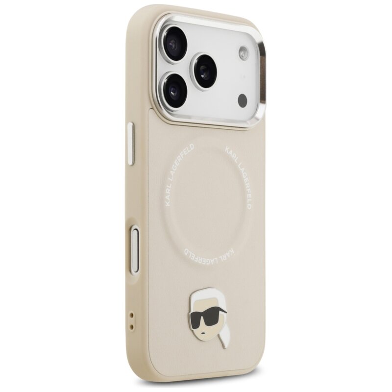 Husa iPhone 17 Pro Max Karl Lagerfeld Leather Karl Pin MagSafe, bej, KLHMP17XPSMLRKLE