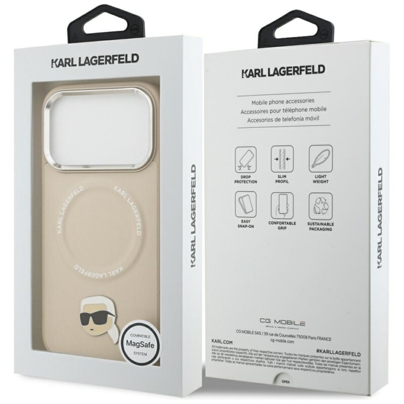 Husa iPhone 17 Pro Max Karl Lagerfeld Leather Karl Pin MagSafe, bej, KLHMP17XPSMLRKLE