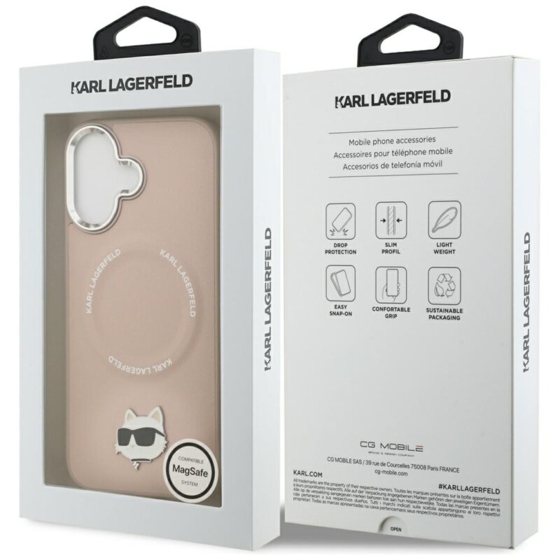 Husa iPhone 17 Karl Lagerfeld Leather Choupette Pin MagSafe, roz, KLHMP17SPSMLRCHP