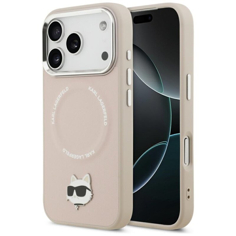 Husa iPhone 17 Pro Karl Lagerfeld Leather Choupette Pin MagSafe, roz, KLHMP17LPSMLRCHP