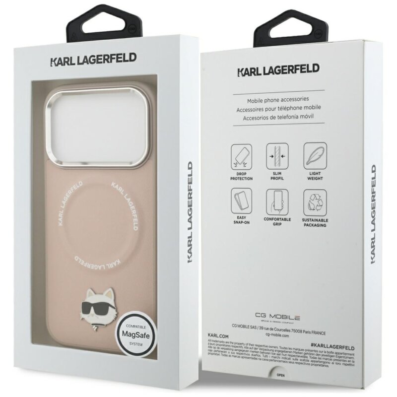 Husa iPhone 17 Pro Karl Lagerfeld Leather Choupette Pin MagSafe, roz, KLHMP17LPSMLRCHP