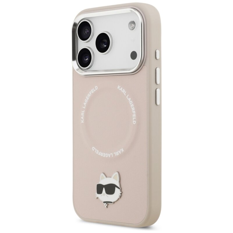 Husa iPhone 17 Pro Max Karl Lagerfeld Leather Choupette Pin MagSafe, roz, KLHMP17XPSMLRCHP