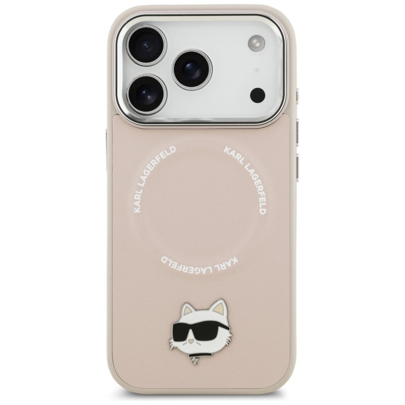 Husa iPhone 17 Pro Max Karl Lagerfeld Leather Choupette Pin MagSafe, roz, KLHMP17XPSMLRCHP