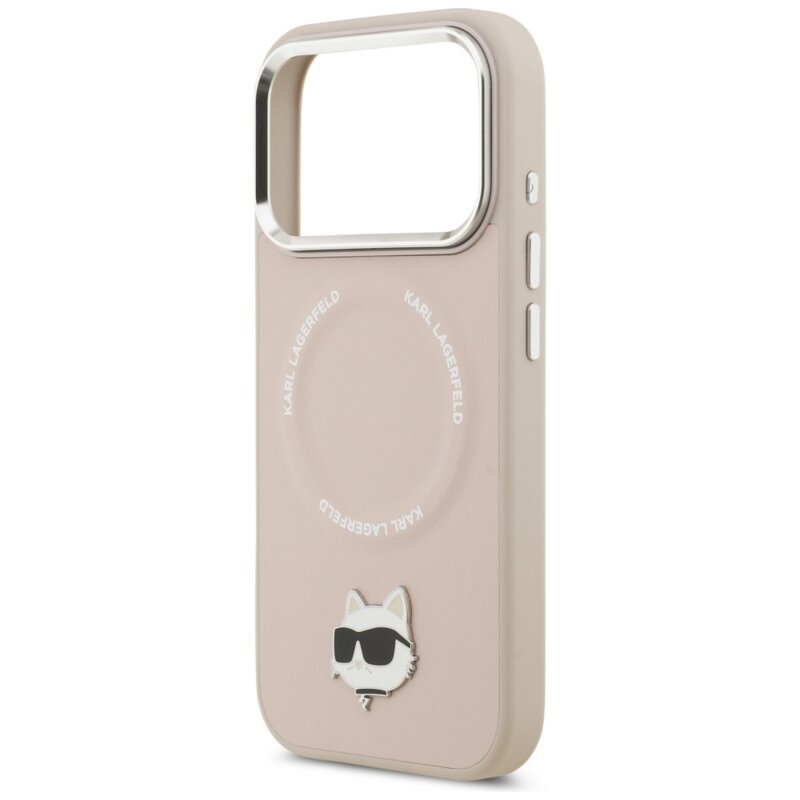 Husa iPhone 17 Pro Max Karl Lagerfeld Leather Choupette Pin MagSafe, roz, KLHMP17XPSMLRCHP