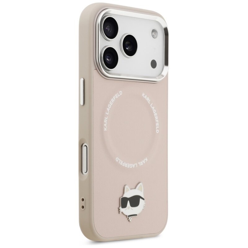Husa iPhone 17 Pro Max Karl Lagerfeld Leather Choupette Pin MagSafe, roz, KLHMP17XPSMLRCHP