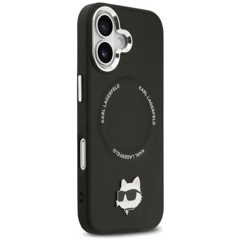 Husa iPhone 17 Karl Lagerfeld Leather Choupette Pin MagSafe, negru, KLHMP17SPSMLRCHK