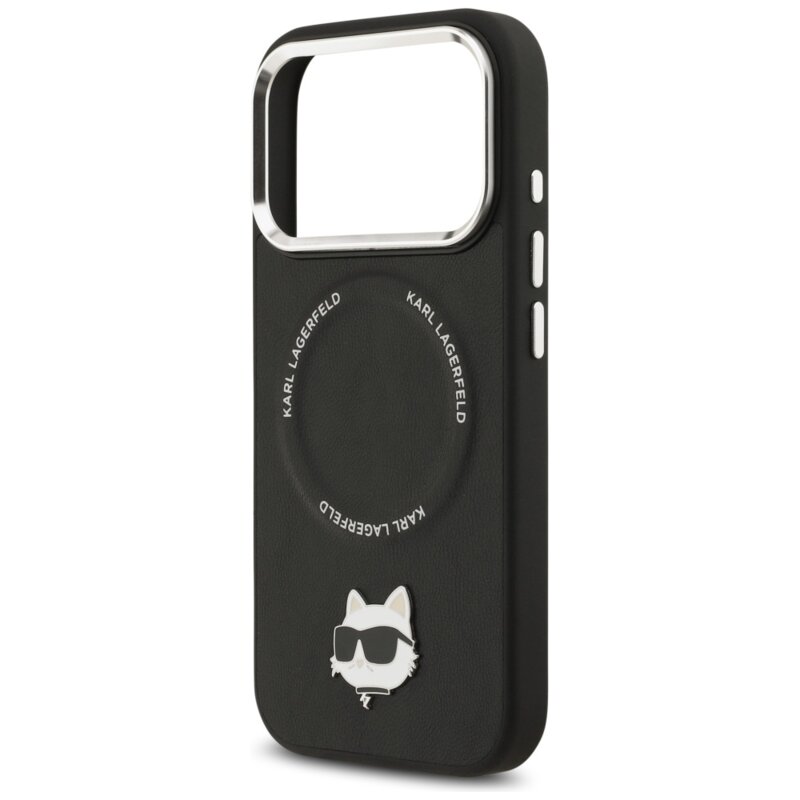 Husa iPhone 17 Pro Karl Lagerfeld Leather Choupette Pin MagSafe, negru, KLHMP17LPSMLRCHK