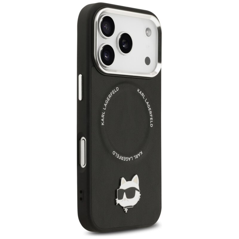 Husa iPhone 17 Pro Karl Lagerfeld Leather Choupette Pin MagSafe, negru, KLHMP17LPSMLRCHK