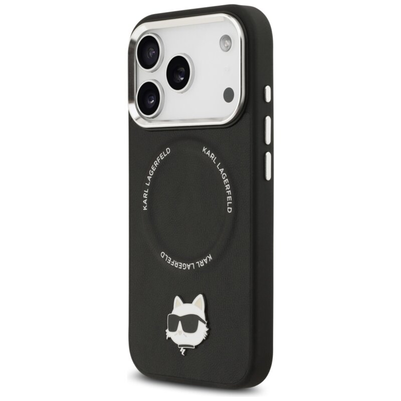 Husa iPhone 17 Pro Karl Lagerfeld Leather Choupette Pin MagSafe, negru, KLHMP17LPSMLRCHK