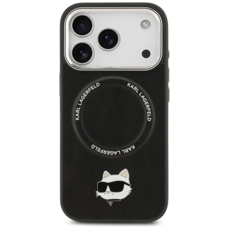 Husa iPhone 17 Pro Max Karl Lagerfeld Leather Choupette Pin MagSafe, negru, KLHMP17XPSMLRCHK