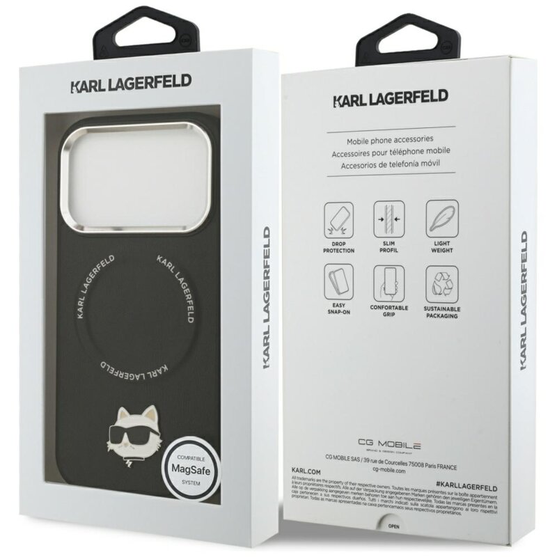 Husa iPhone 17 Pro Max Karl Lagerfeld Leather Choupette Pin MagSafe, negru, KLHMP17XPSMLRCHK