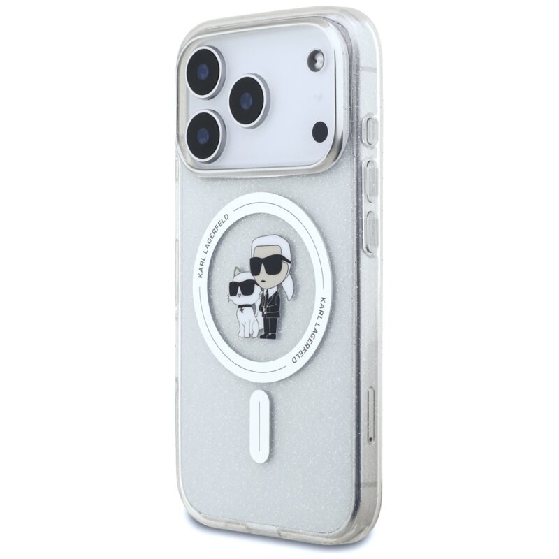 Husa iPhone 17 Pro Max Karl Lagerfeld IML KC Glitter MagSafe, transparent, KLHMP17XHGKCNOT