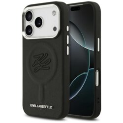 Husa iPhone 17 Pro Max Karl Lagerfeld Leather with Initial & Metal Logo MagSafe, negru, KLHMP17XPGFKLRDK