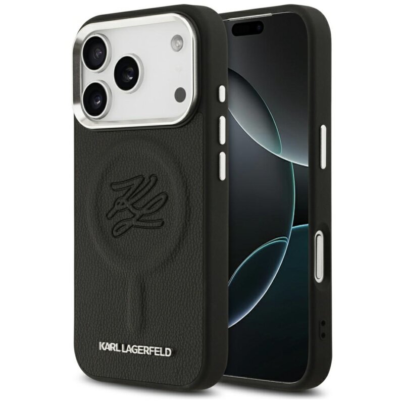 Husa iPhone 17 Pro Max Karl Lagerfeld Leather with Initial & Metal Logo MagSafe, negru, KLHMP17XPGFKLRDK