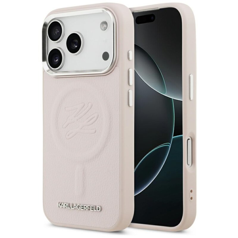 Husa iPhone 17 Pro Karl Lagerfeld Leather with Initial & Metal Logo MagSafe, roz, KLHMP17LPGFKLRDP