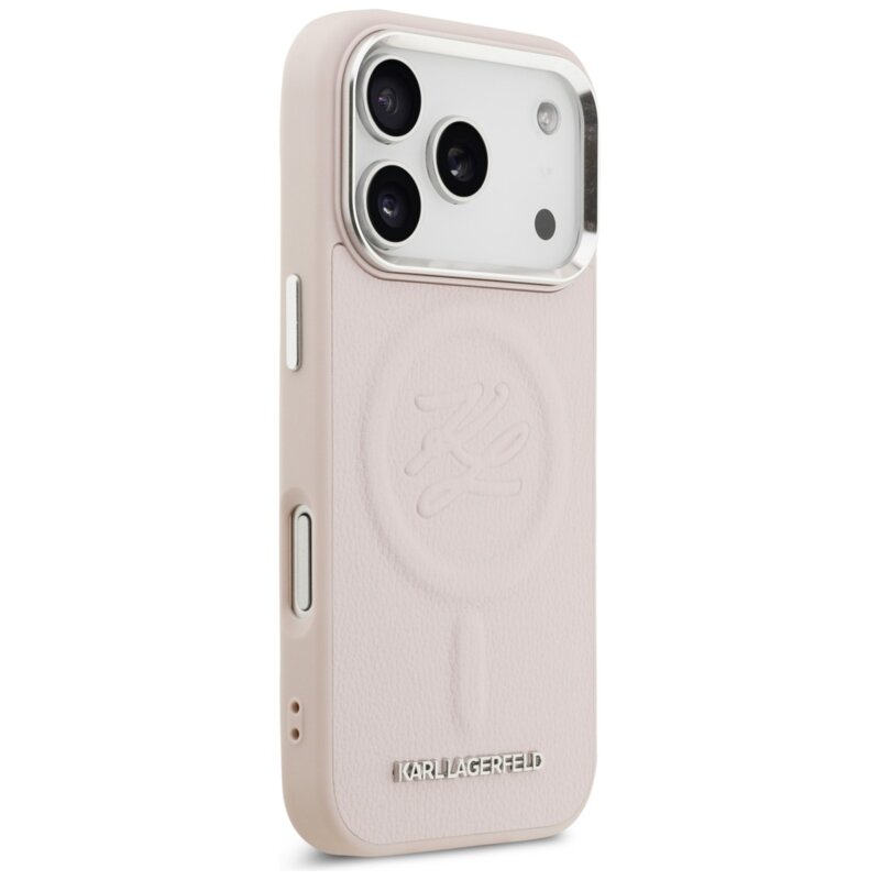 Husa iPhone 17 Pro Karl Lagerfeld Leather with Initial & Metal Logo MagSafe, roz, KLHMP17LPGFKLRDP