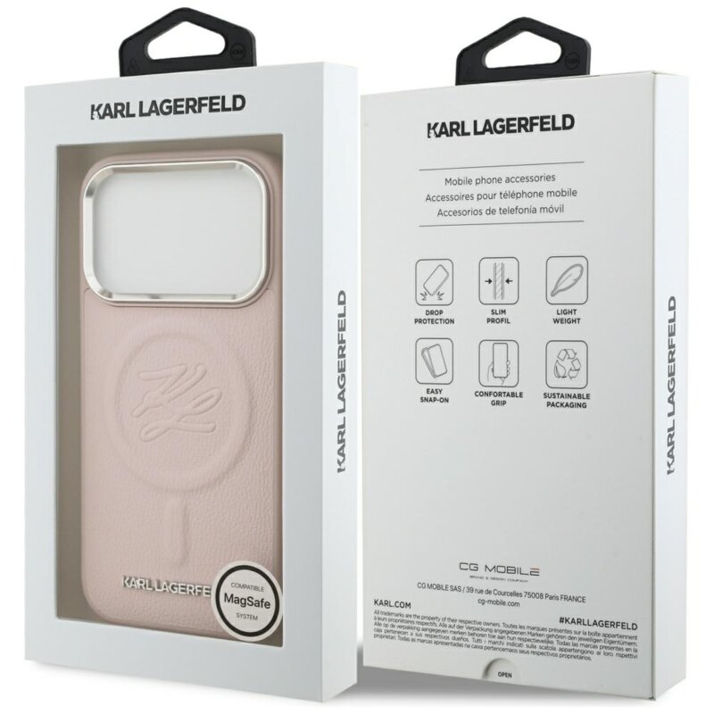 Husa iPhone 17 Pro Max Karl Lagerfeld Leather with Initial & Metal Logo MagSafe, roz, KLHMP17XPGFKLRDP