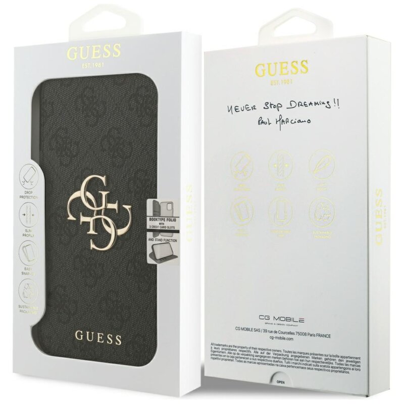 Husa tip carte iPhone 17 Pro Guess Book 4G Metal Logo, negru, GUBKP17L4GMGGR