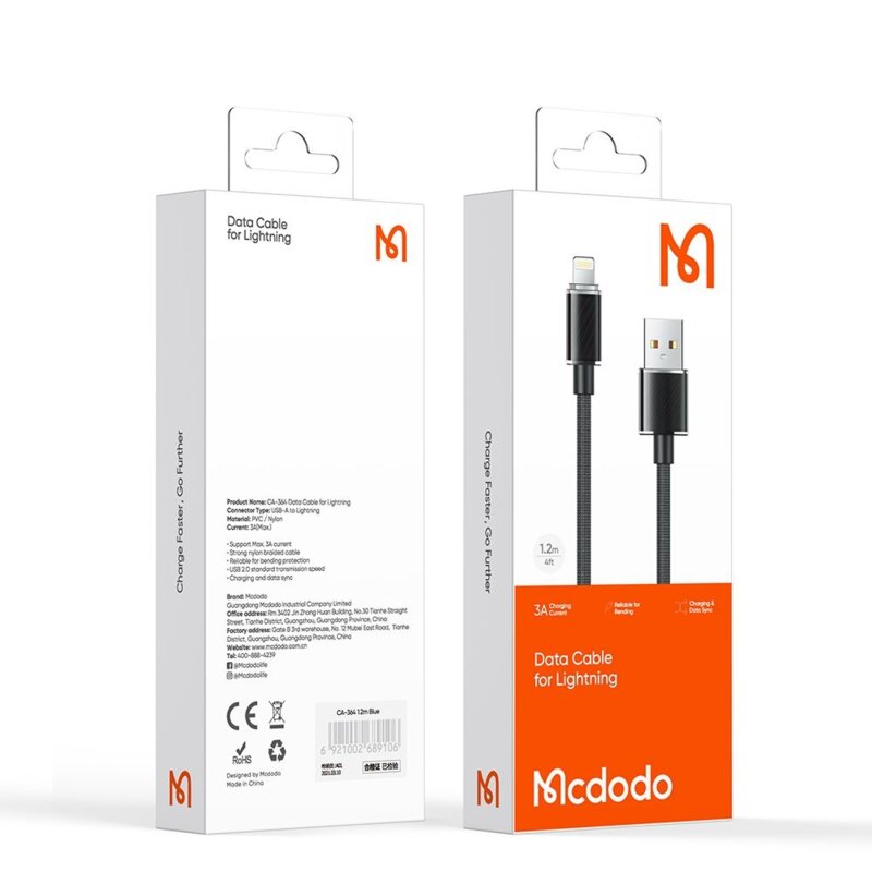 Cablu de date USB la Lightning 3A, Mcdodo, 1.2m, CA-3640, negru