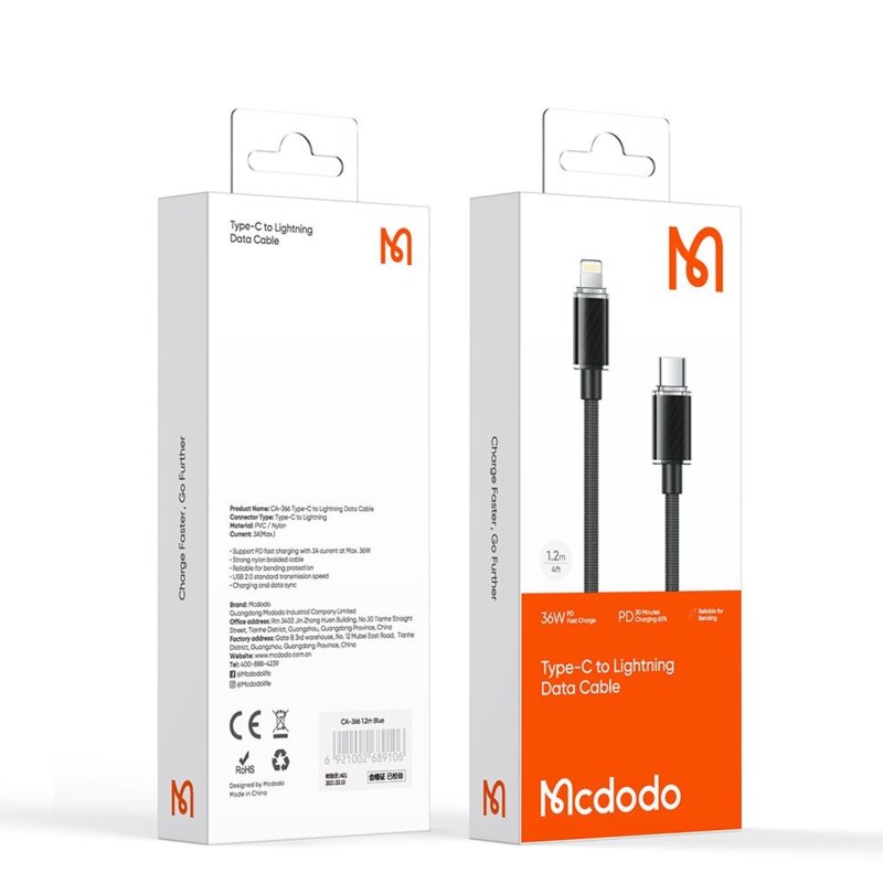 Cablu incarcare iPhone 36W, 3A, Mcdodo, 1.2m, CA-3660, negru